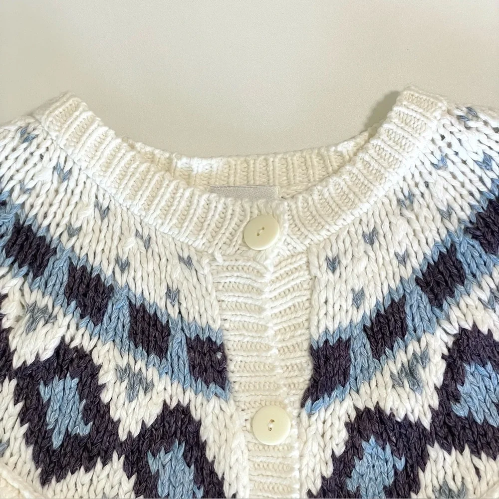 Vintage Nordic Fair Isle Fringe Yoke Cardigan Cable Knit Sweater 80s 90s Medium